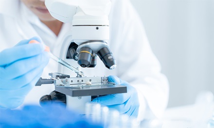 A photo of an individual viewing something under a microscope.