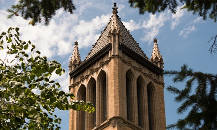 A siloed image of a campus building