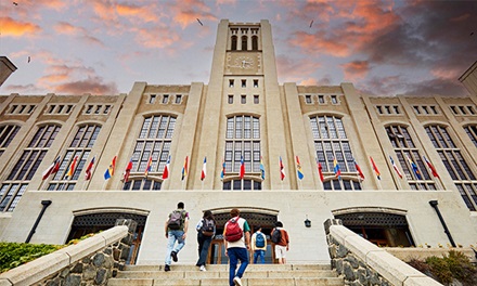 An aerial image of a campus building 