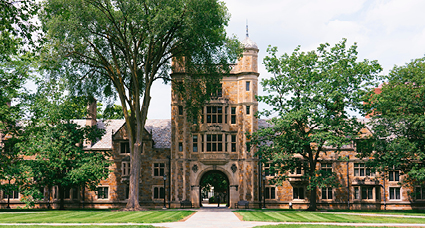 An aerial shot of a campus building